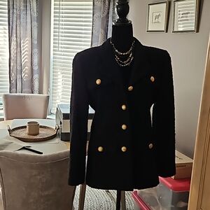 BICE Black boucle double breasted jacket with brass buttons